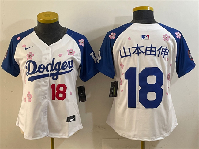 Women's Los Angeles Dodgers #18 山本由伸 White/Royal 2025 Tokyo Series Limited Stitched Baseball Jersey(Run Small)